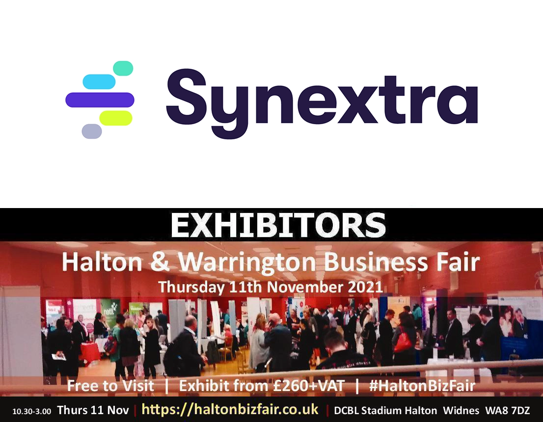 "Synextra EXHIBITORS Halton & Warrington Business Fair" Written on an image of Halton & Warrington Business Fair