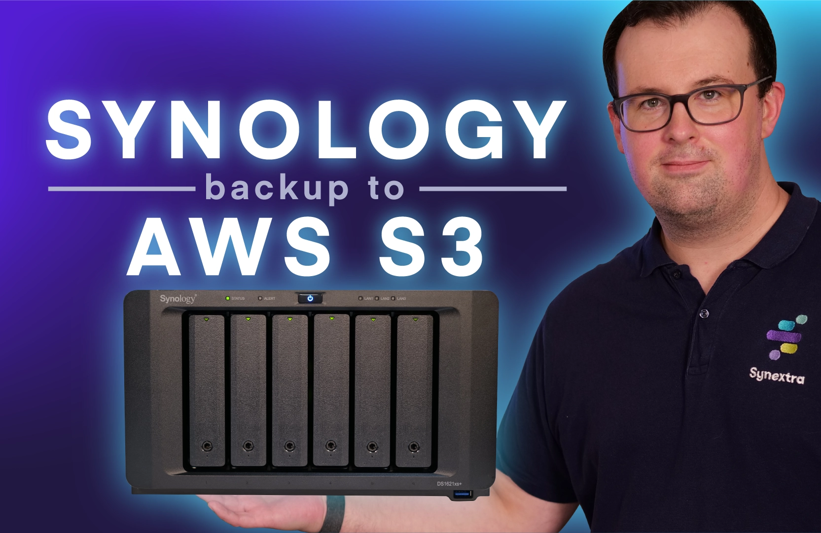 Chris Piggott holding an oversized Synology NAS DS1621XS+ with the words"Synology back up to AWS"