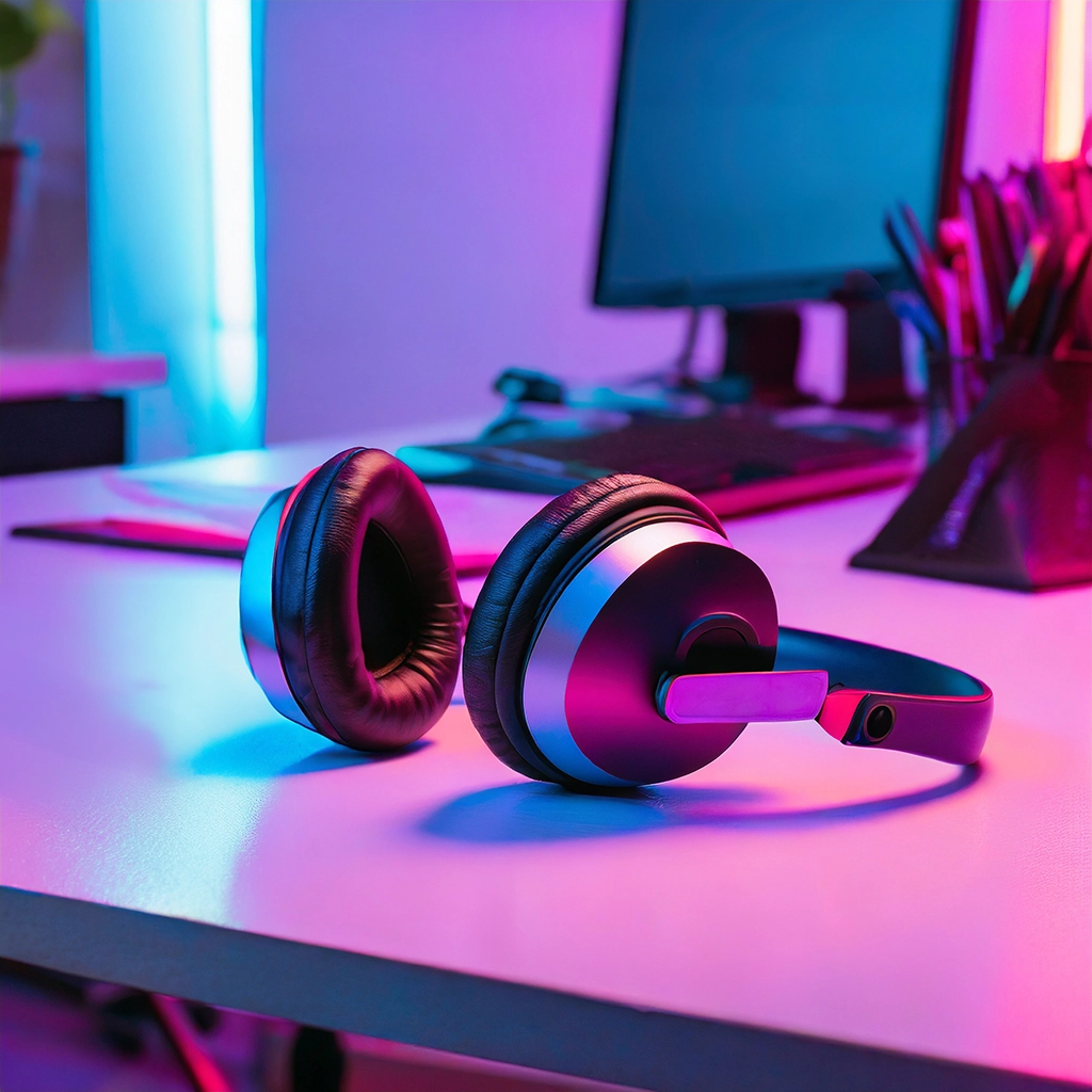 neon lighted headphones on desk of a remote working set-up work from home office