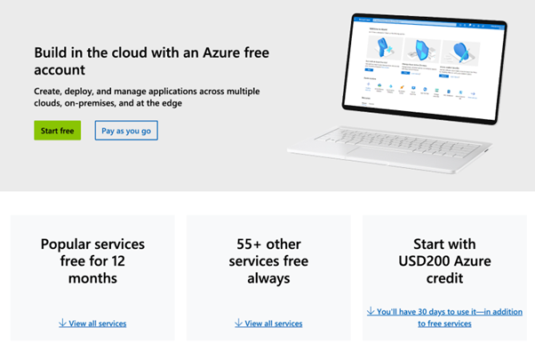 A screenshot of the Azure account sign-up webpage. The first step in the Azure setup