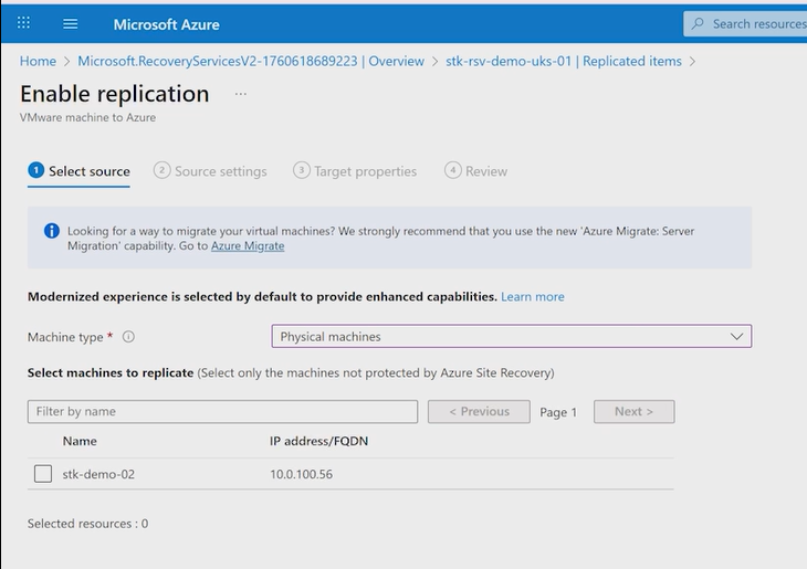Enable replication - VMware machine to Azure