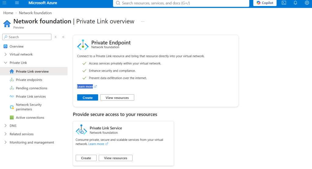 Azure Private Link screenshot
