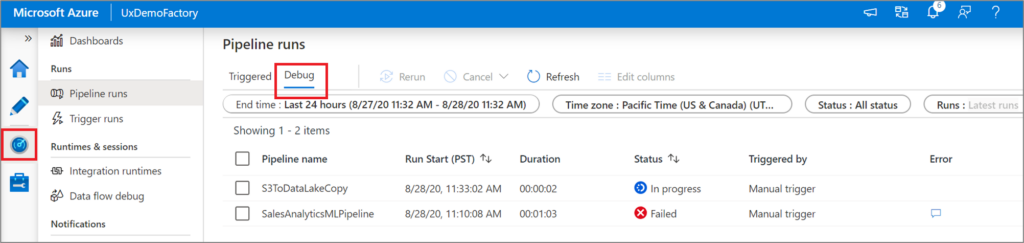 Azure data factory debug runs screenshot